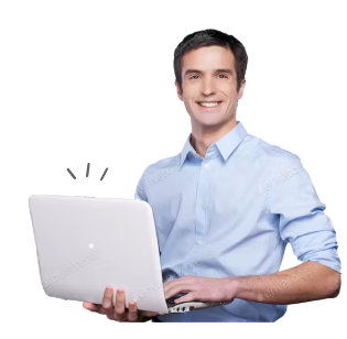 Homme souriant tenant un ordinateur