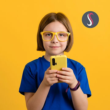 Jeune enfant à lunette tenant un téléphone portable dans ses mains